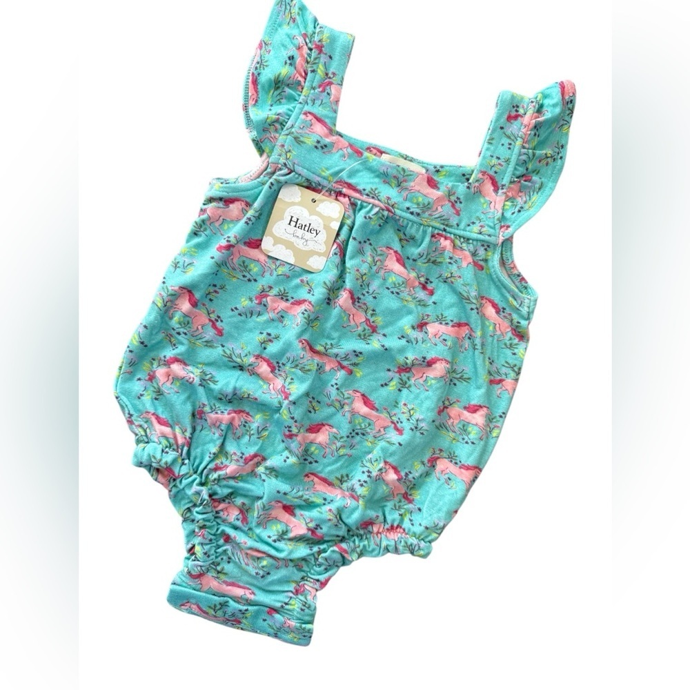 Hatley baby bamboo galloping horse ruffle sleeve romper, NWTS sz 0-3 months